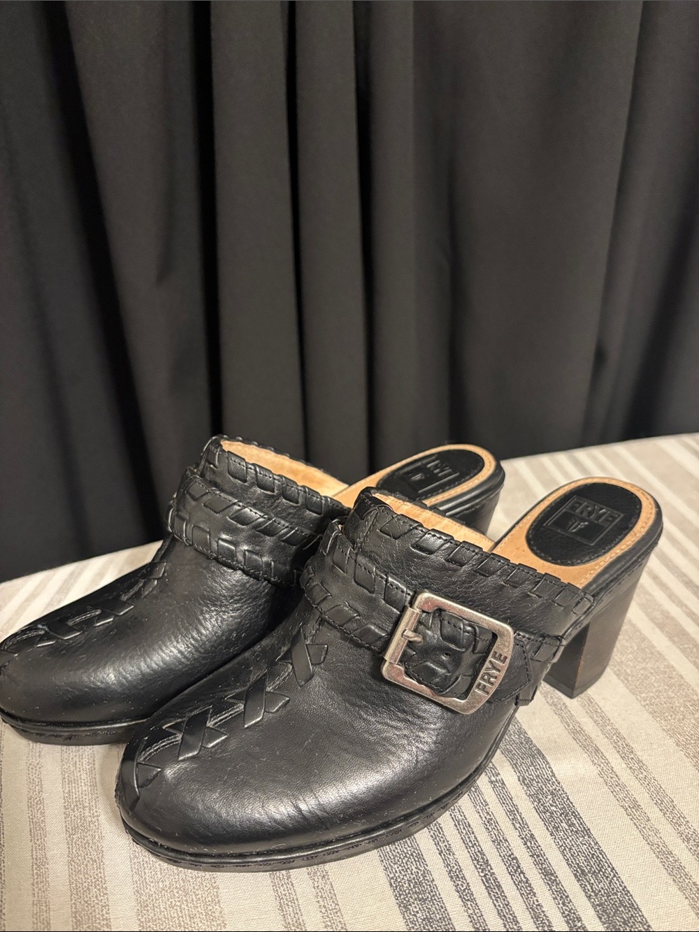 Frye Black Braided Leather Mule Heels with Buckle